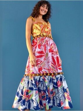 Farm Rio Birds Wood Balls Tiered Cotton Maxi Dress NWT size S